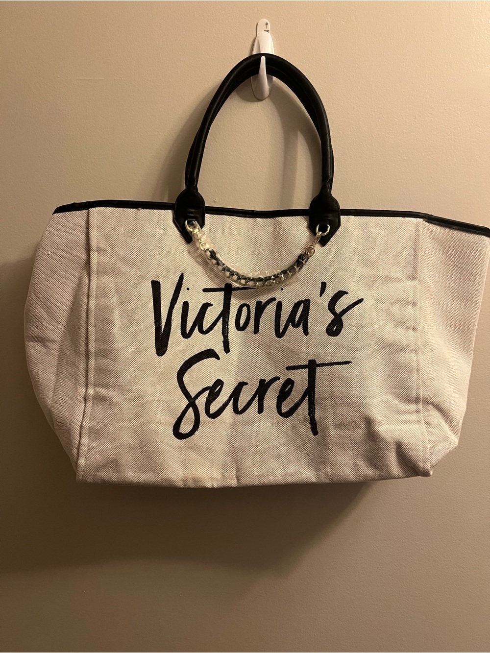 Victoria's Secret White and Black Canvas Tote with Chain Accent